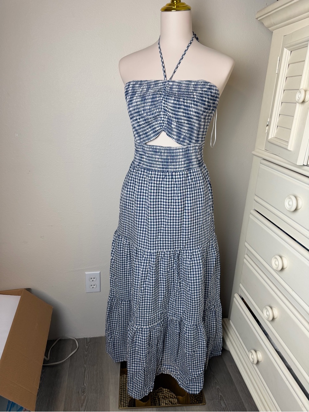 Smocked Blue Gingham Halter Maxi Dress with Front Cutout